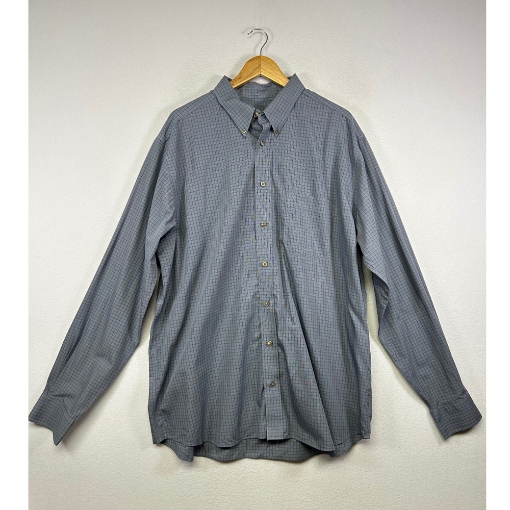 Business Casual Eddie Bauer Mens XL Tall Blue Grey Grid Relaxed Fit Button Down